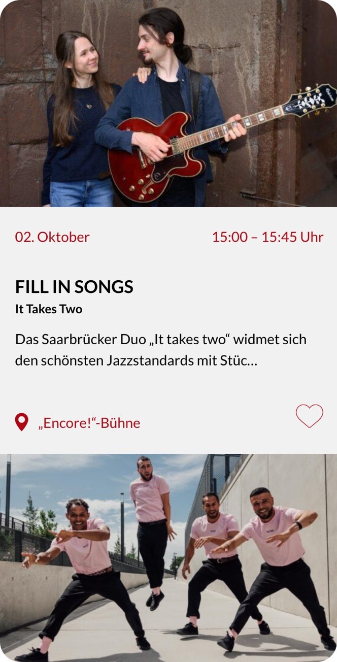 Plakat für eine Musikveranstaltung: Oben lächeln sich ein Mann und eine Frau an, wobei der Mann eine rote E-Gitarre in der Hand hält. Darunter springen vier Männer in rosa Hemden und schwarzen Hosen lächelnd im Freien im Takt. Die Veranstaltungsdaten sind auf Deutsch angegeben.