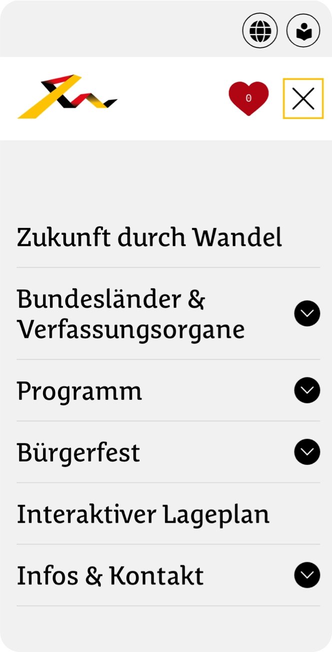 Mobiles Menü in deutscher Sprache mit den Rubriken: Zukunft durch Wandel, Bundesländer & Verfassungsorgane, Programm, Bürgerfest, Interaktiver Lageplan, und Infos & Kontakt. Herz- und Schließen-Symbole am oberen Rand.