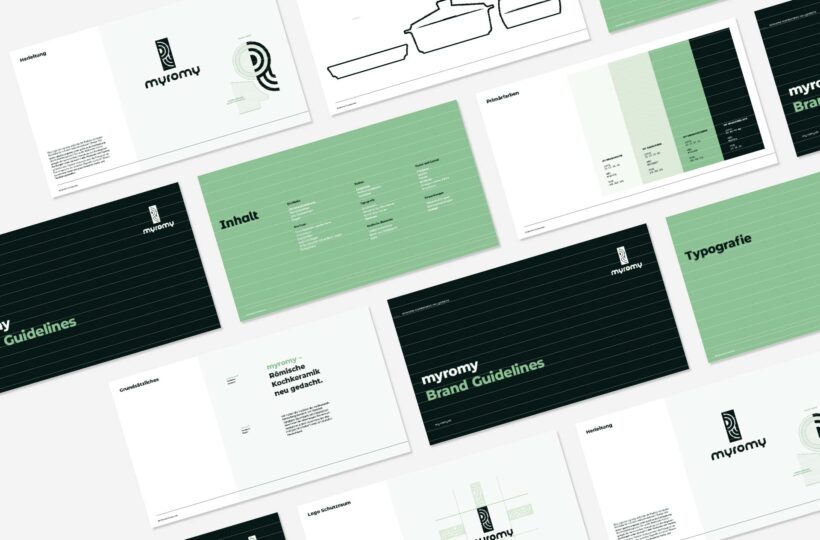 Ein flaches Layout mehrerer Seiten eines myromy-Markenrichtlinien-Dokuments, das ein grünes, schwarzes und weißes Farbschema mit Text, Typografiebeispielen, Diagrammen und Überlegungen zur Barrierefreiheit enthält.