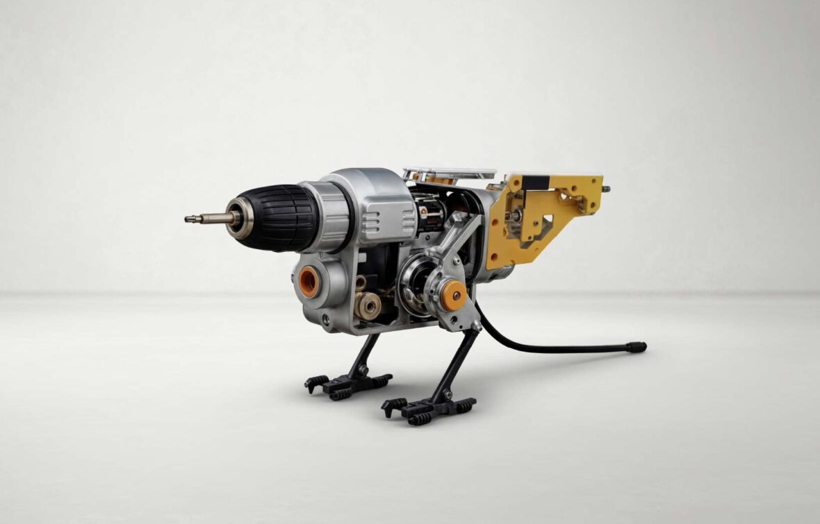 Ein mechanisches Objekt, das einem Hund ähnelt und aus Teilen von Elektrowerkzeugen und Maschinen zusammengesetzt ist, steht auf zwei Beinen mit einer Bohrmaschine als Kopf vor einem schlichten, hellen Hintergrund - perfekt für eine Produktkampagne für Minitec Werkerasitsenzsysteme.