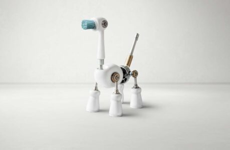 Eine kleine Skulptur in Form eines Hundes, die kreativ aus weißen und metallischen Haushaltsgegenständen wie Zahnbürstenköpfen, Rädern und anderen Hardwareteilen zusammengesetzt ist, zeugt vom Erfindergeist einer Produktkampagne für Minitec Werkerasitsenzsysteme.