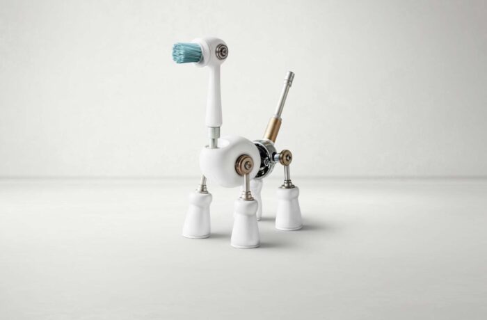 Eine kleine Skulptur in Form eines Hundes, die kreativ aus weißen und metallischen Haushaltsgegenständen wie Zahnbürstenköpfen, Rädern und anderen Hardwareteilen zusammengesetzt ist, zeugt vom Erfindergeist einer Produktkampagne für Minitec Werkerasitsenzsysteme.
