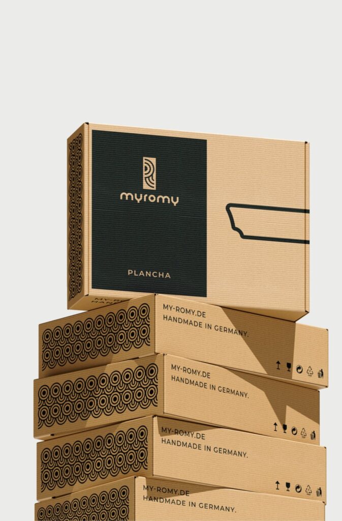 Ein Stapel von sechs braunen Pappschachteln mit dem Myromy-Logo und -Branding, mit dem Text MY-ROMY.DE HANDMADE IN GERMANY - perfekt für eine Event-Kampagne zum Tag der deutschen Einheit - sowie einfachen schwarzen Grafikelementen auf einem schlichten Hintergrund.